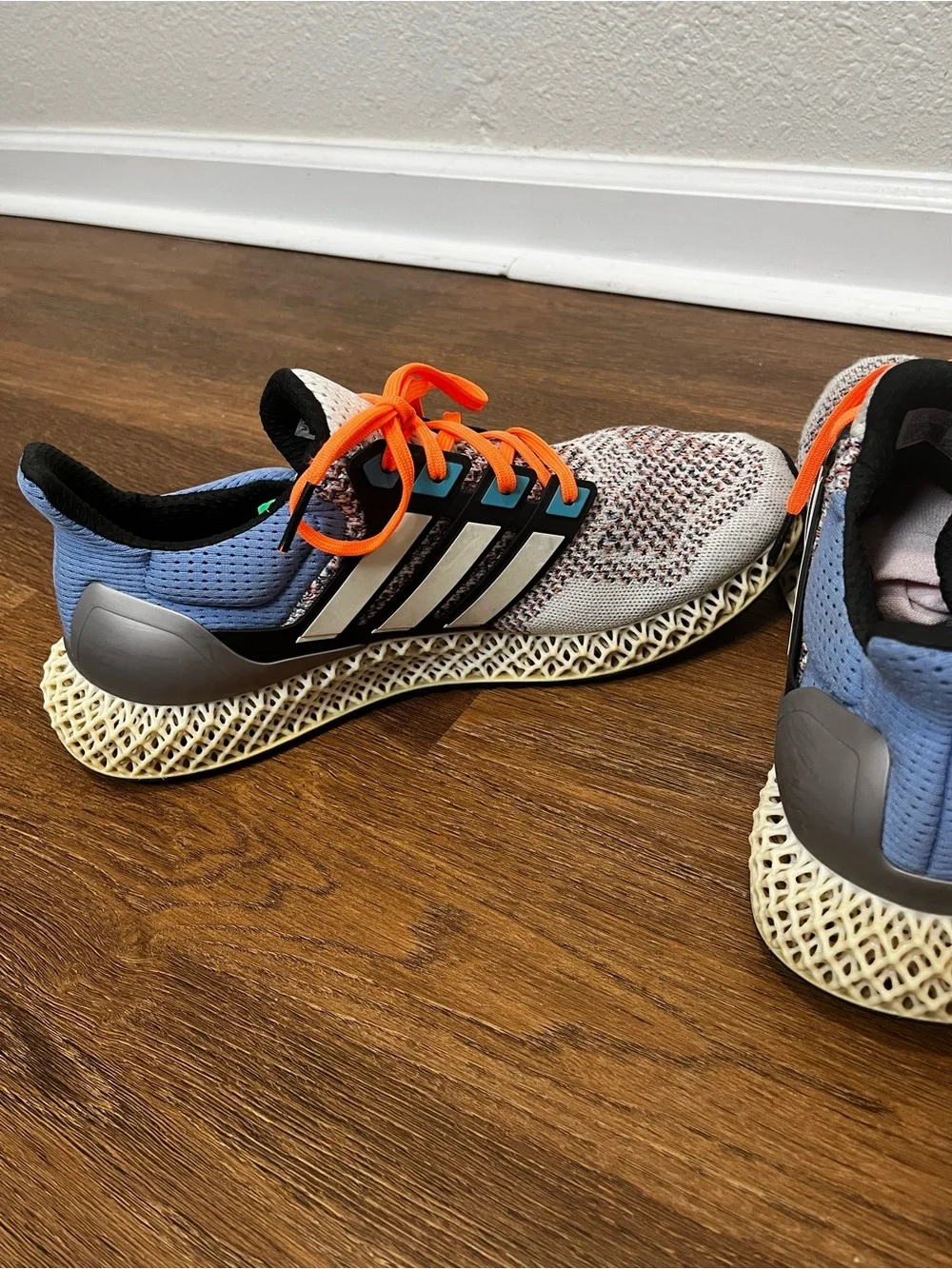 Men’s Adjdas Ultra 4D Blue, Orange and White Tennis Shoes Size 11.5